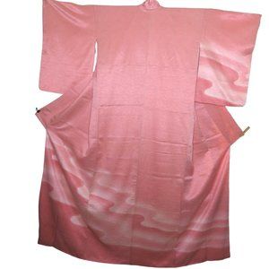 Japanese Kimono Silk Houmongi Vintage Pink Coral Peach Wave Water 63in Tsukesage